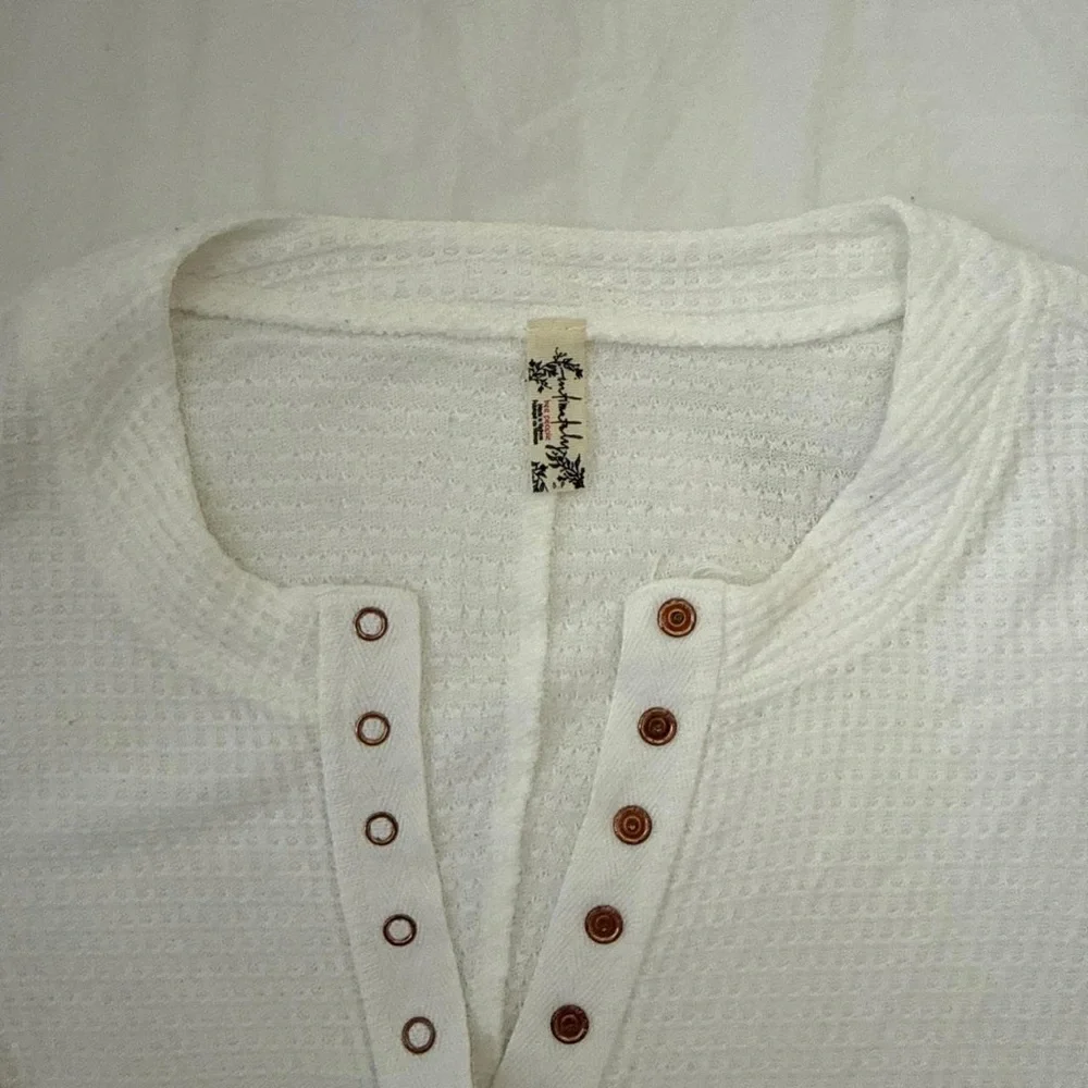 Free People White Waffle Henley Long Sleeve Top